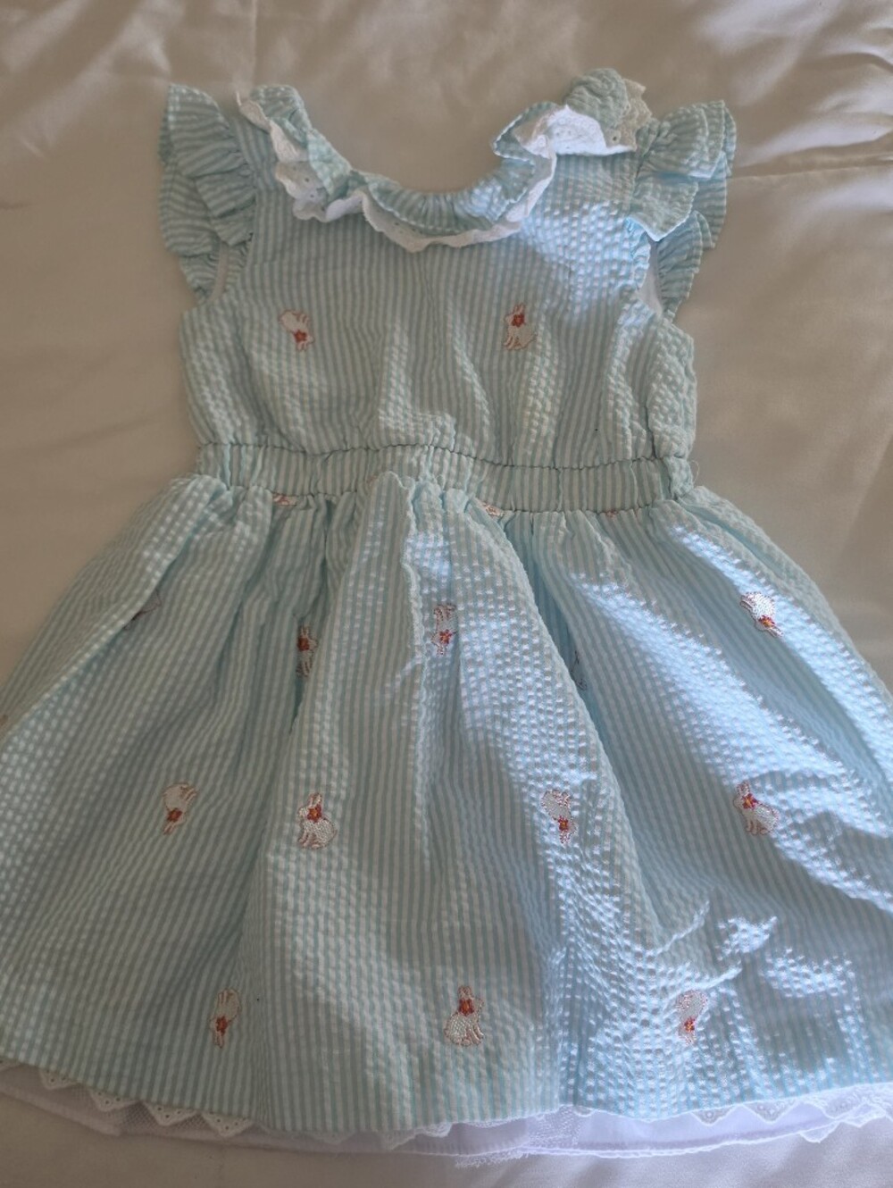 Bonnie Baby Light Blue Striped Seersucker Dress with Ruffle Details